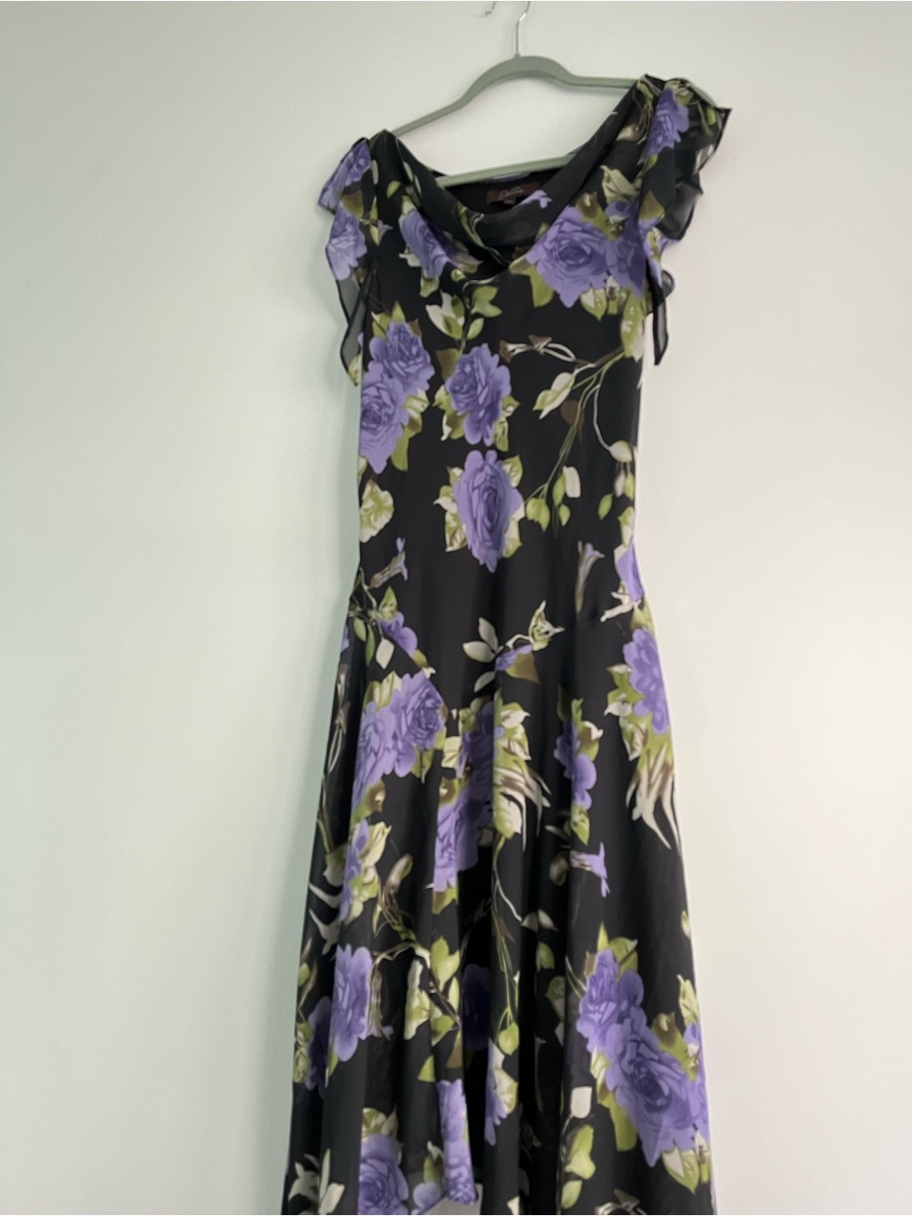 90s Y2K Jessica Black & Purple Floral Whimsical Flowy Fairy Midi Cowl Neck Dress - Picture 13 of 16